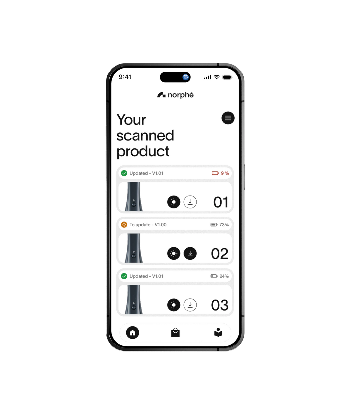 iPhone affichant l'application Norphé avec la liste des appareils scannés