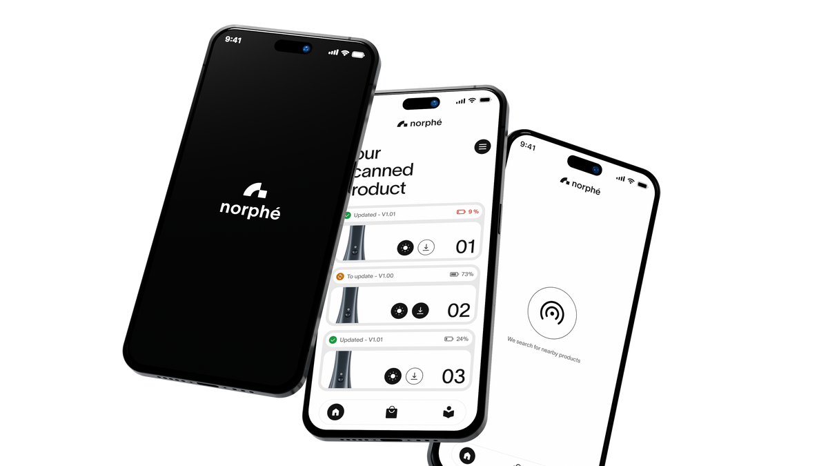 Three iPhones showing the Norphé app: start screen, device list and nearby search