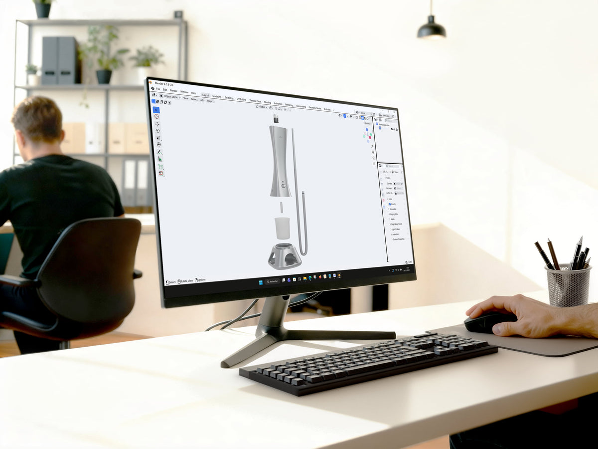 Exploded 3D model of the Norphé M1 electronic hookah on a computer screen