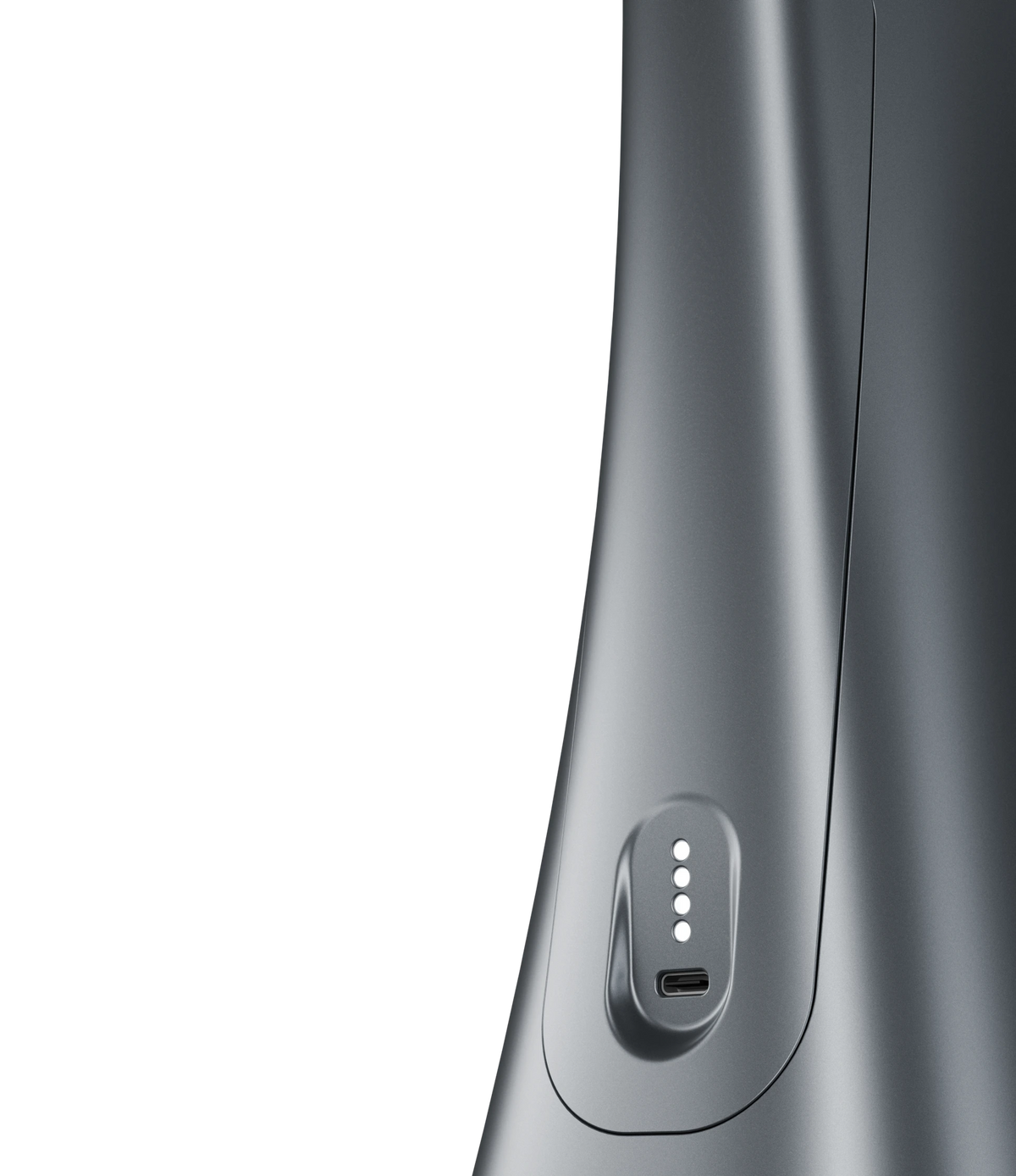 Port de charge USB-C et témoins lumineux sur la batterie de la chicha électronique Norphé M1