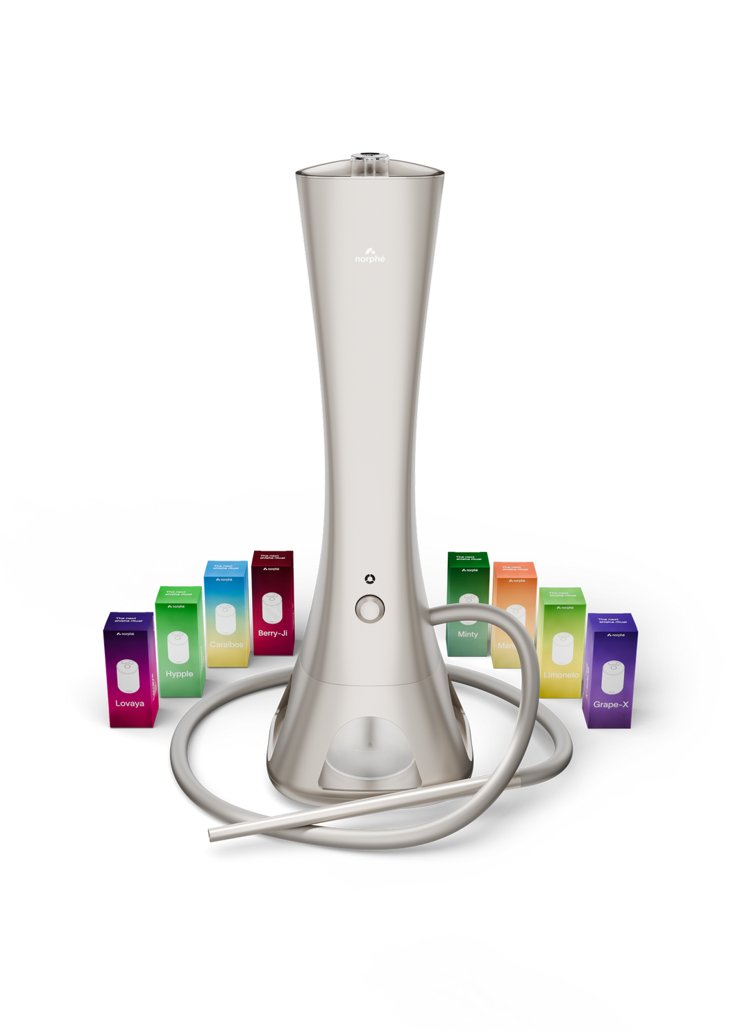 Champagne Norphé M1 electronic hookah surrounded by 8 pod boxes