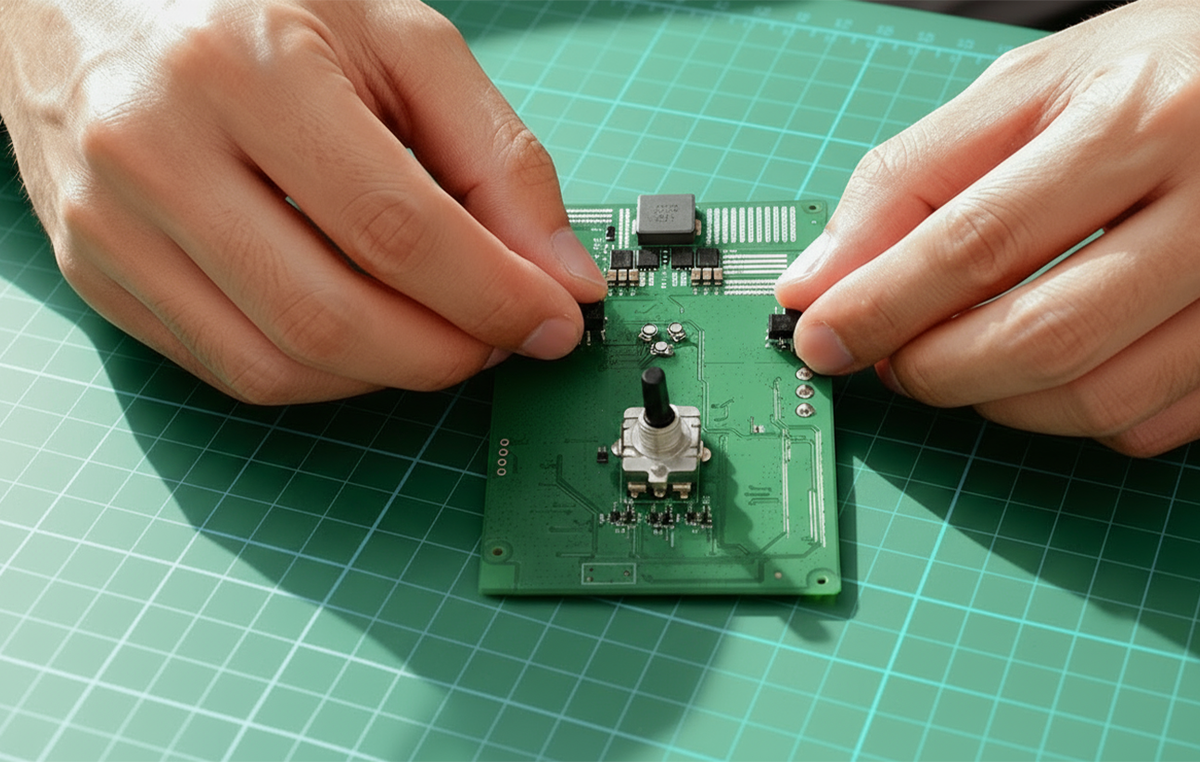 Hands assembling the circuit board of a Norphé M1 electronic hookah prototype