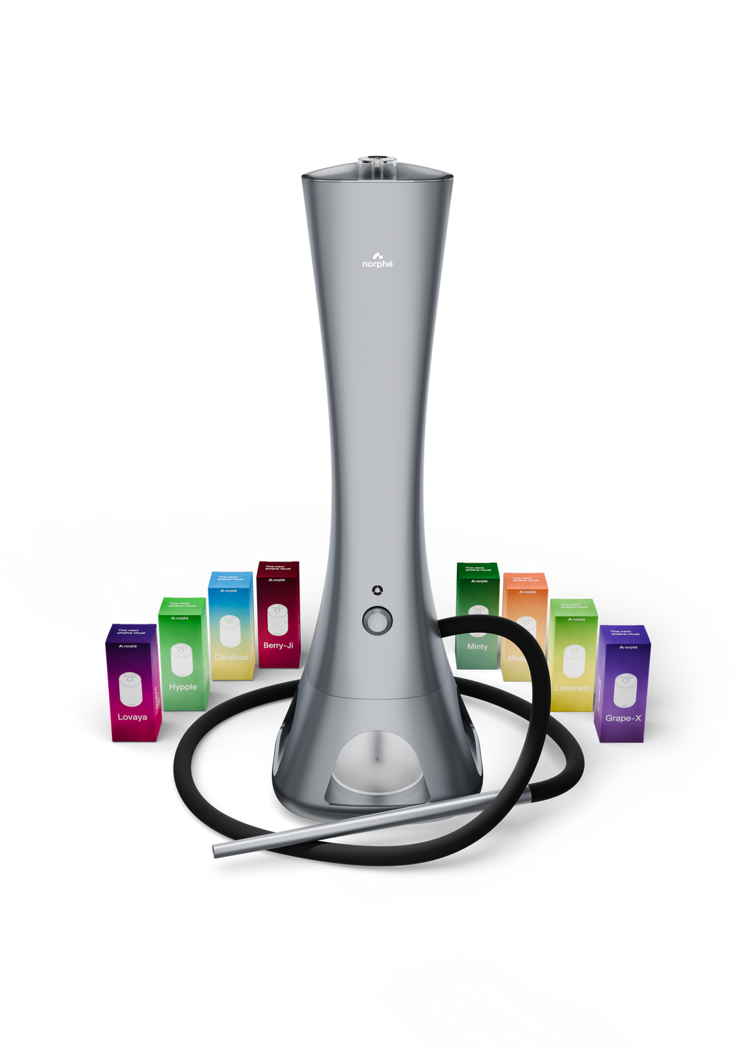 Dark grey Norphé M1 electronic hookah surrounded by 8 pod boxes