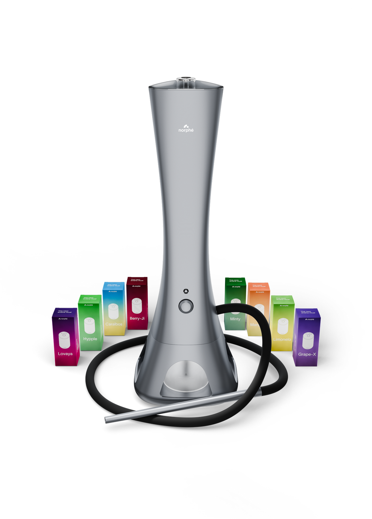 Dark grey Norphé M1 electronic hookah surrounded by 8 pod boxes