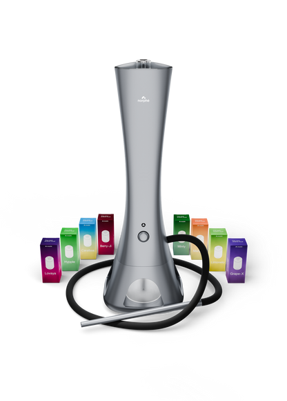 Dark grey Norphé M1 electronic hookah surrounded by 8 pod boxes