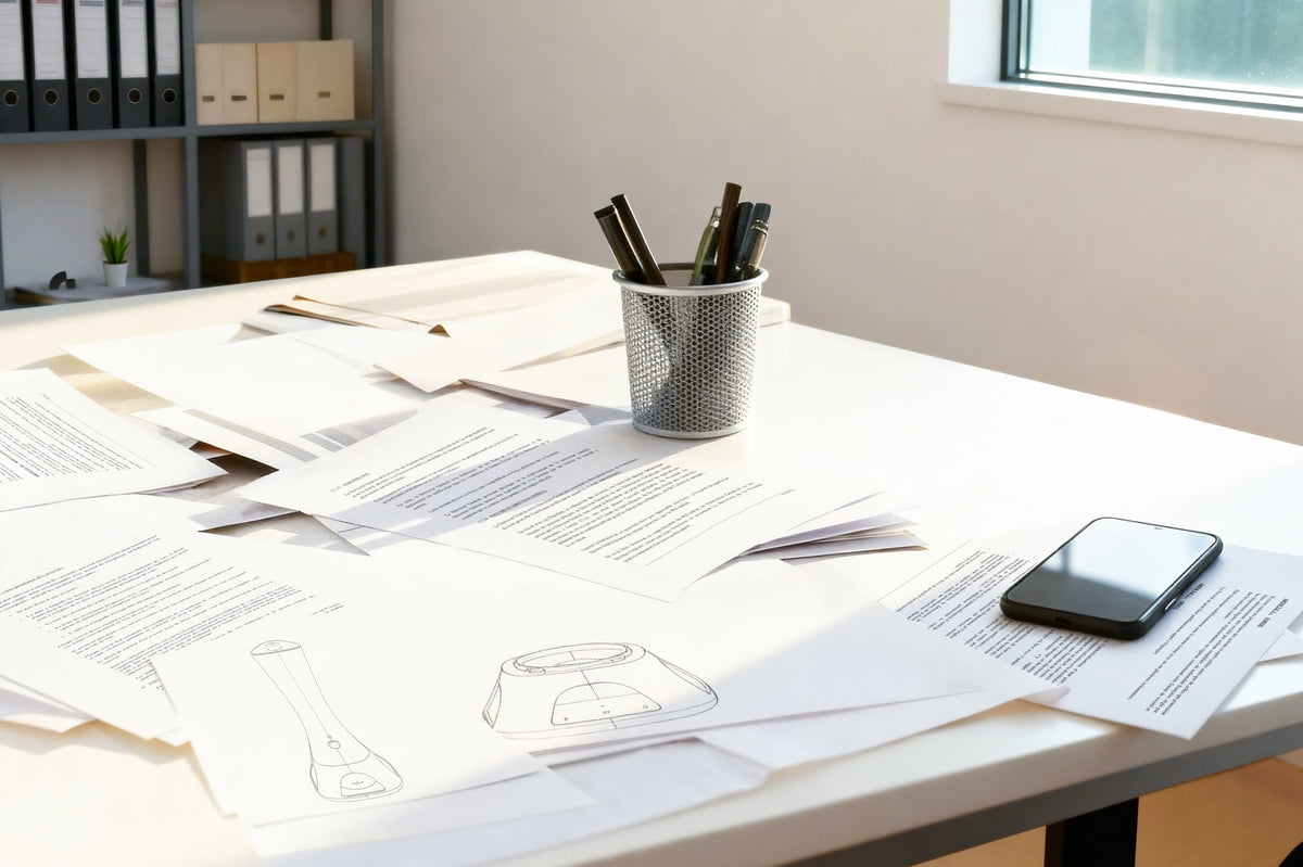 Sketches of the Norphé M1 electronic hookah on a desk covered with documents