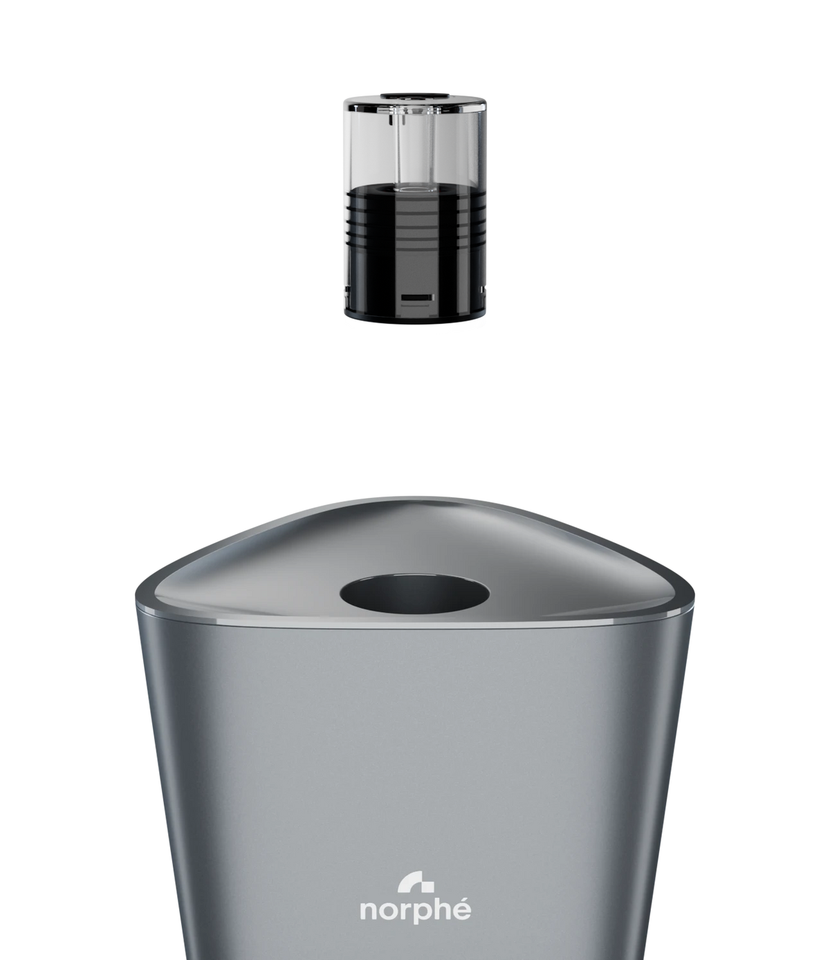 Capsule Norphé suspendue au-dessus de son emplacement sur la chicha électronique M1