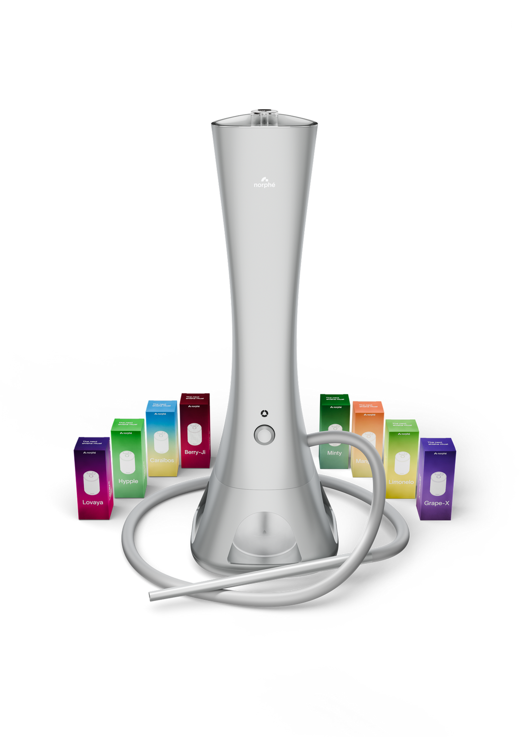 Silver Norphé M1 electronic hookah surrounded by 8 pod boxes