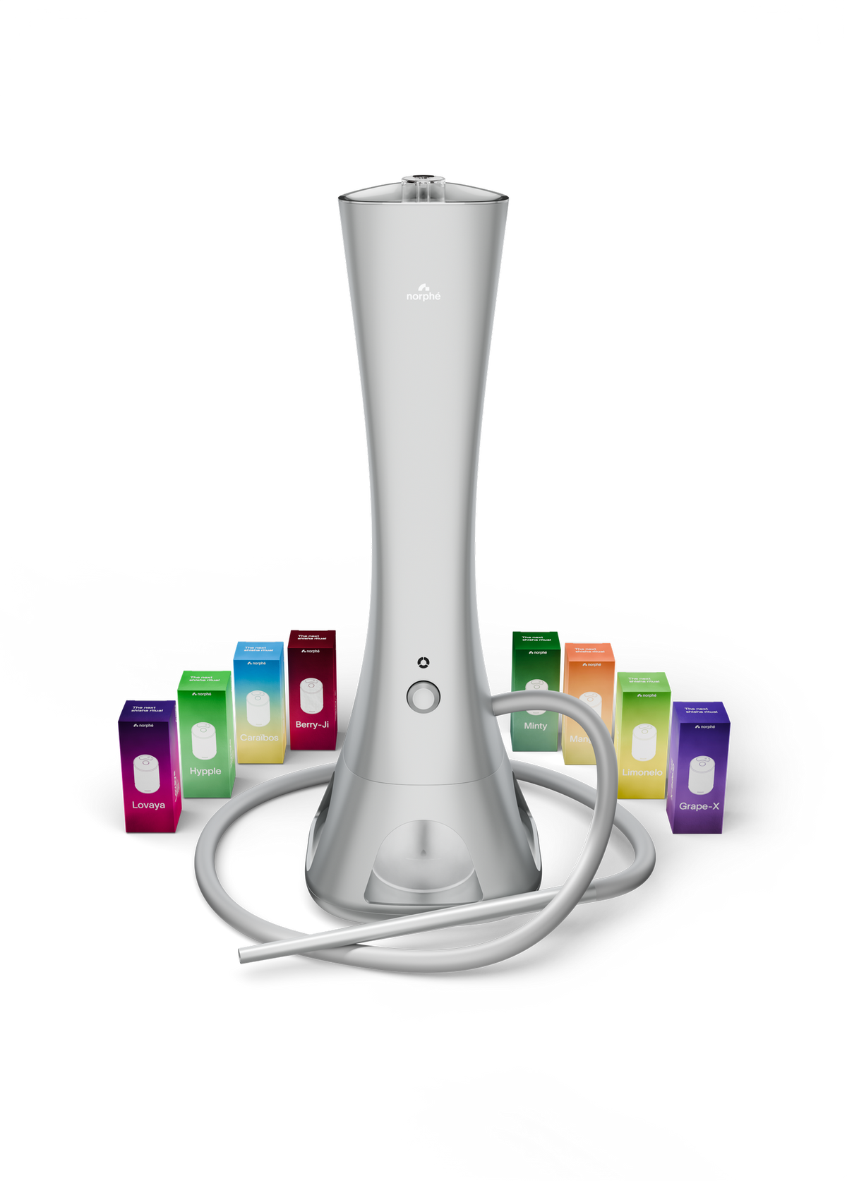 Chicha électronique Norphé M1 coloris Silver entourée de 8 boîtes de capsule