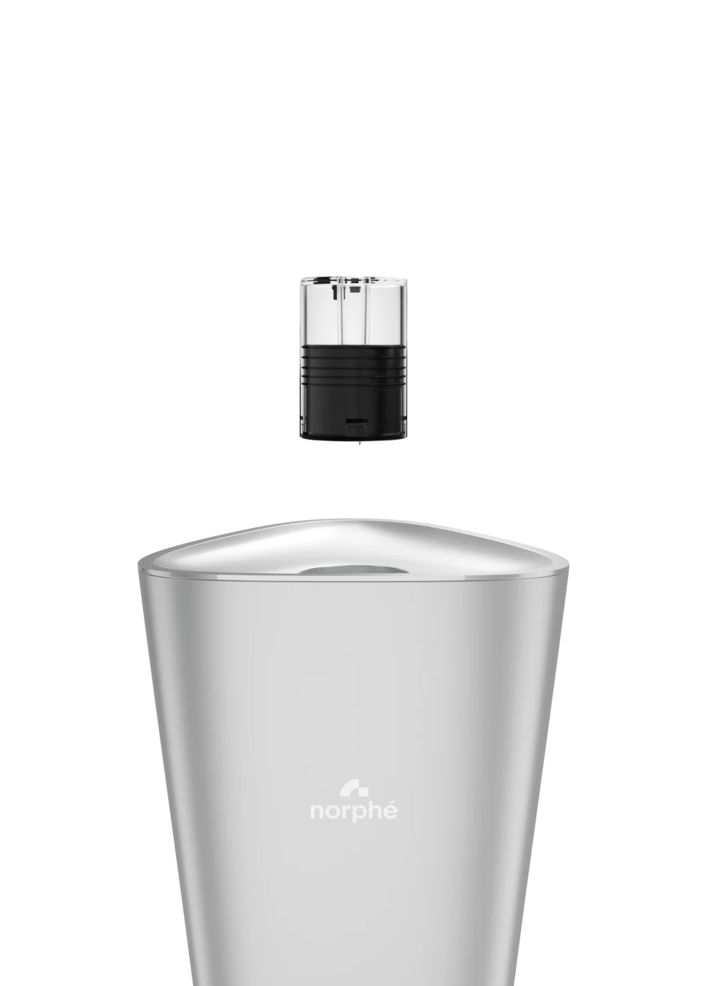 Capsule Norphé suspendue au-dessus de son emplacement sur la chicha électronique M1 coloris Silver