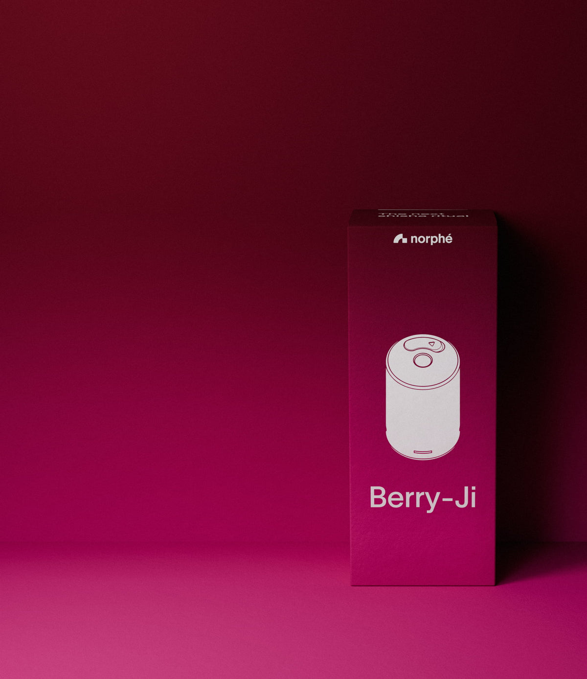 Norphé Berry-Ji flavor pod box, on a burgundy-to-pink gradient background