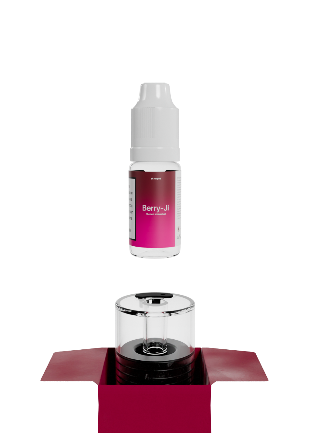 Flacon de recharge saveur Berry-Ji au-dessus d'une capsule Norphé vide dans sa boîte ouverte