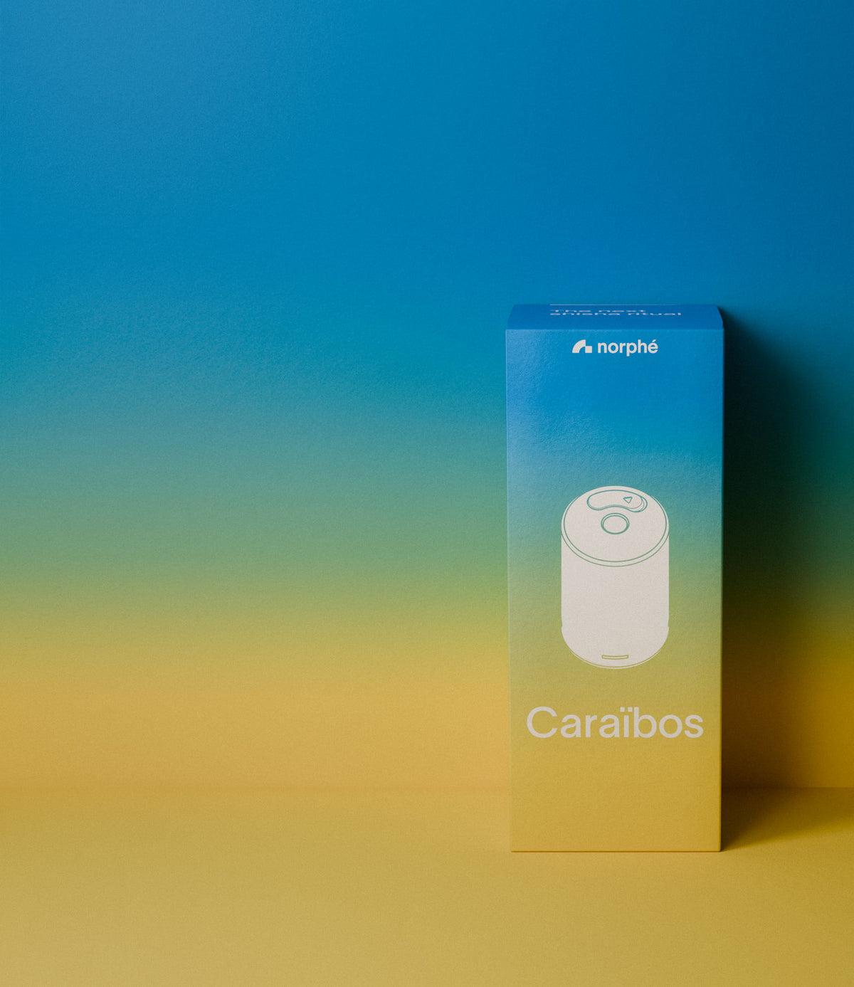 Norphé Caraïbos flavor pod box, on a blue-to-yellow gradient background