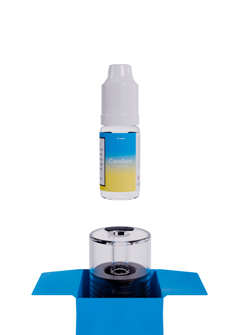 Caraïbos refill bottle above an empty Norphé pod in its open box