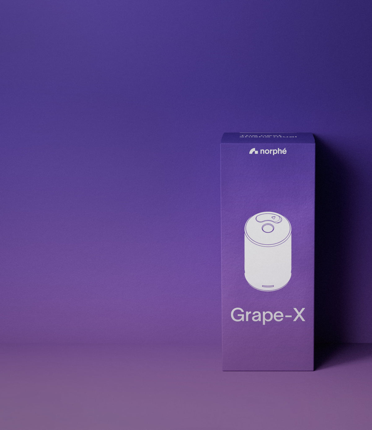 Norphé Grape-X flavor pod box, on a purple background