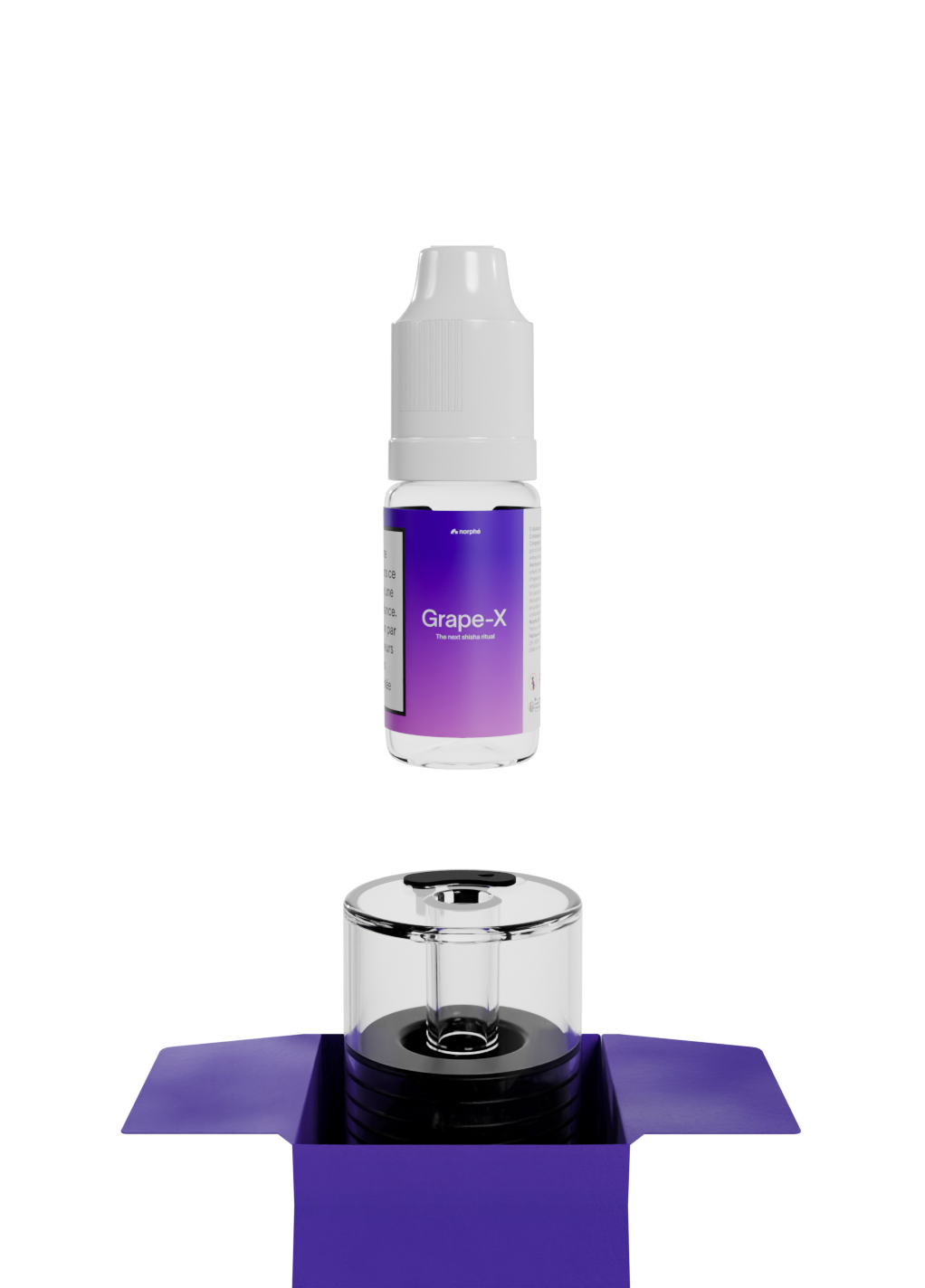 Grape-X refill bottle above an empty Norphé pod in its open box