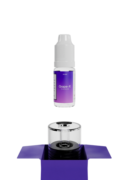 Grape-X refill bottle above an empty Norphé pod in its open box