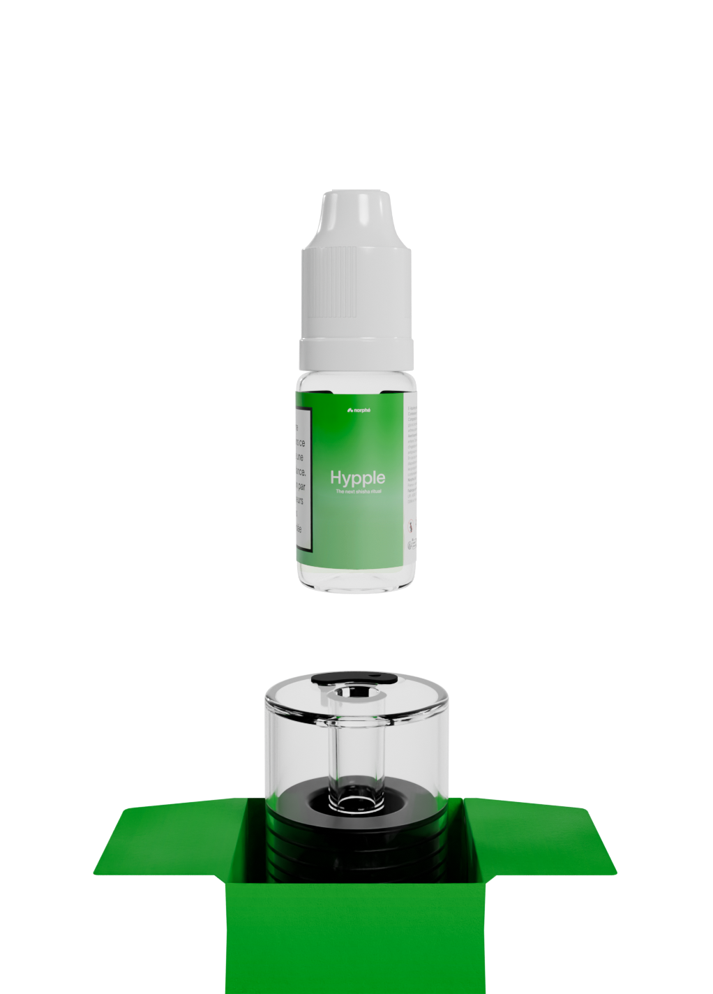 Flacon de recharge saveur Hypple au-dessus d'une capsule Norphé vide dans sa boîte ouverte