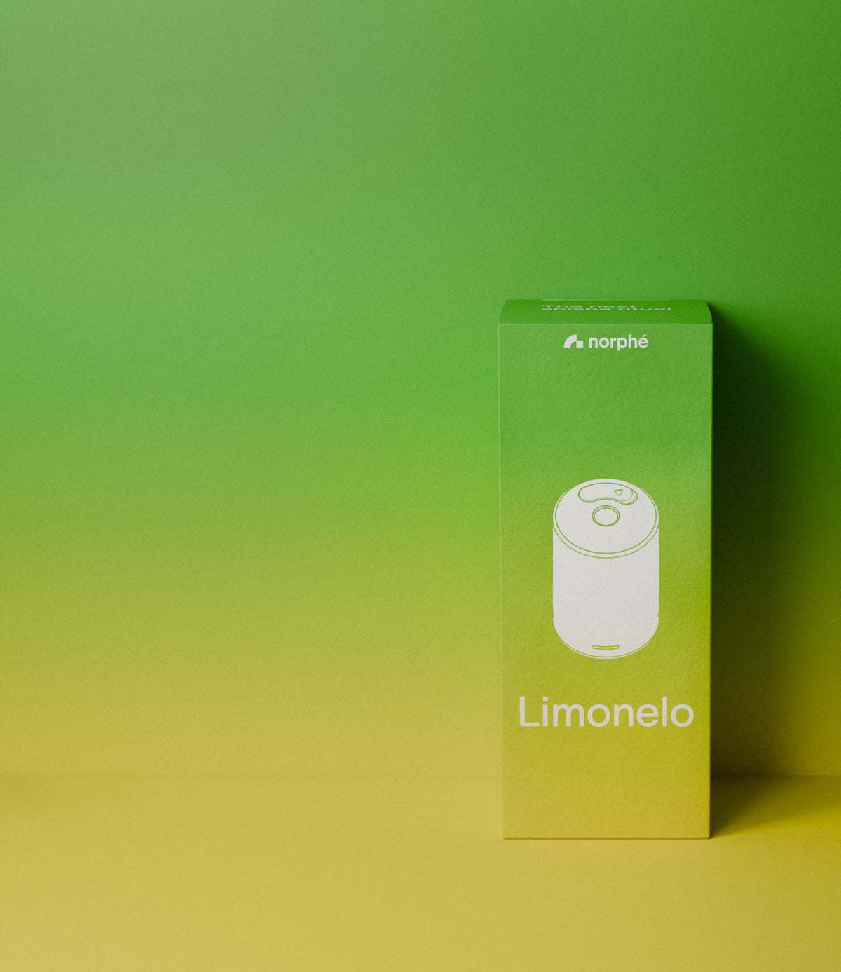 Norphé Limonelo flavor pod box, on a green-to-yellow gradient background