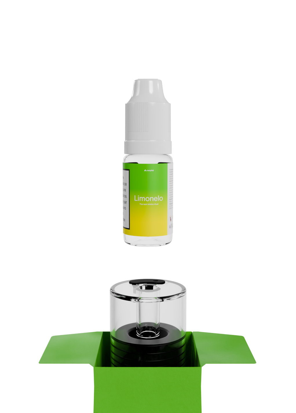 Flacon de recharge saveur Limonelo au-dessus d'une capsule Norphé vide dans sa boîte ouverte
