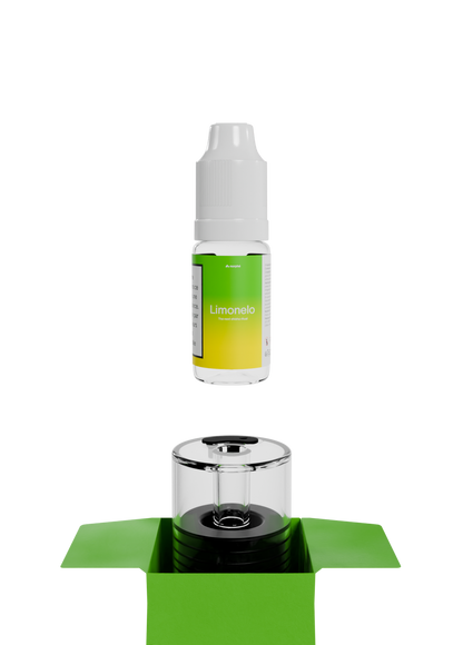 Flacon de recharge saveur Limonelo au-dessus d'une capsule Norphé vide dans sa boîte ouverte