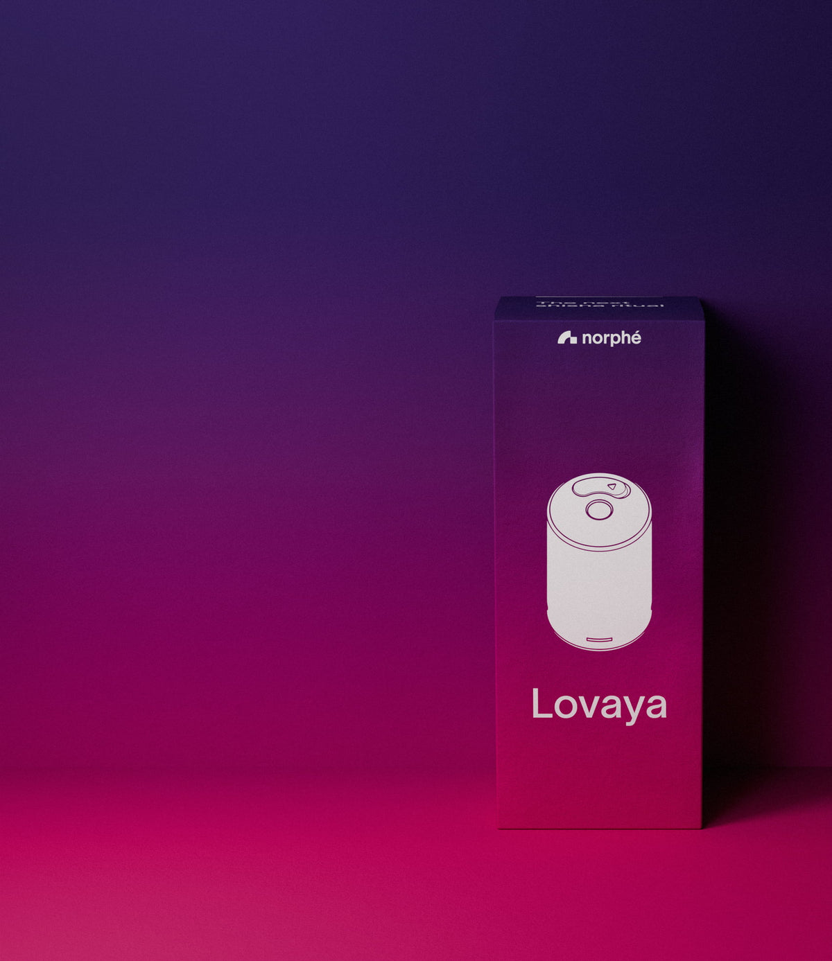 Norphé Lovaya flavor pod box, on an indigo-to-pink gradient background