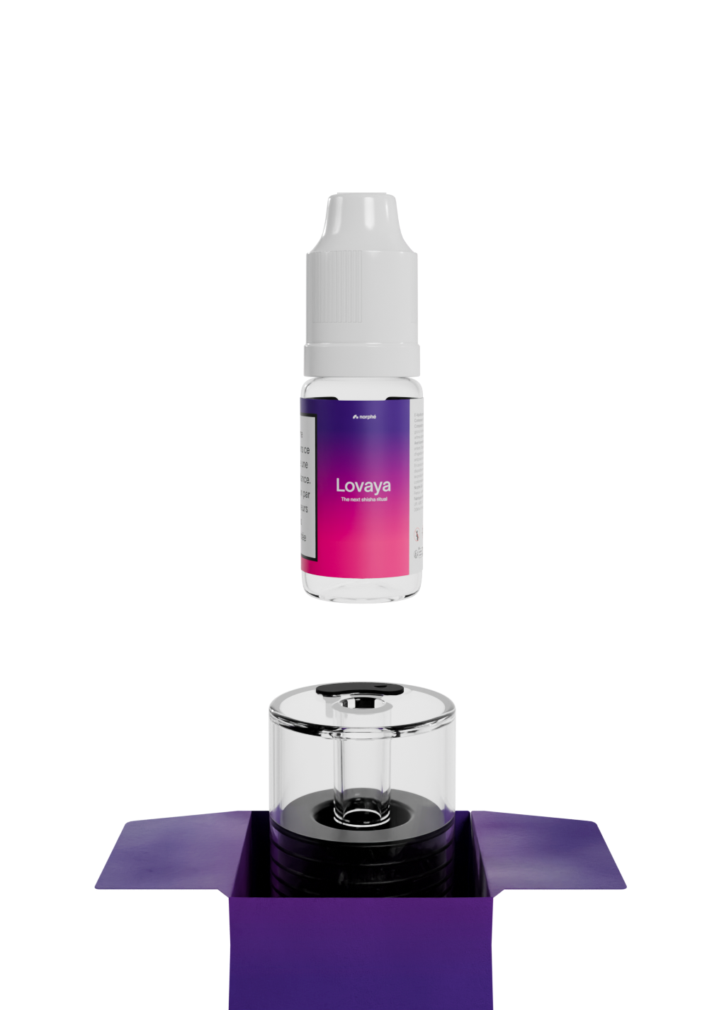 Flacon de recharge saveur Lovaya au-dessus d'une capsule Norphé vide dans sa boîte ouverte
