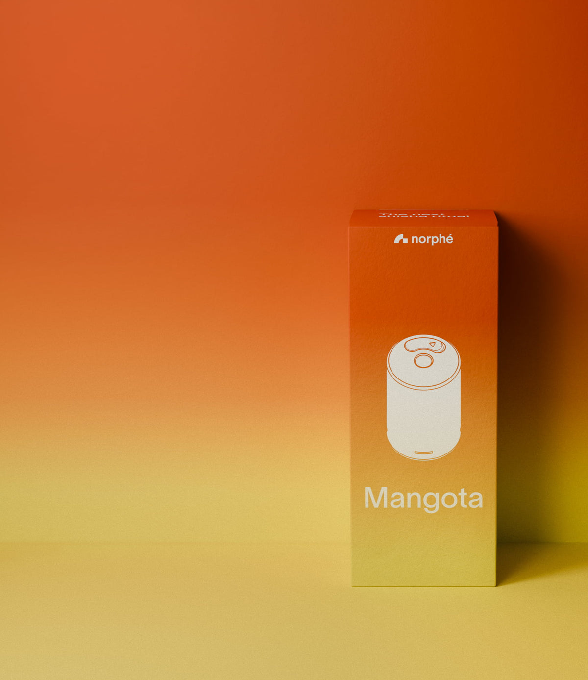 Norphé Mangota flavor pod box, on an orange-to-yellow gradient background