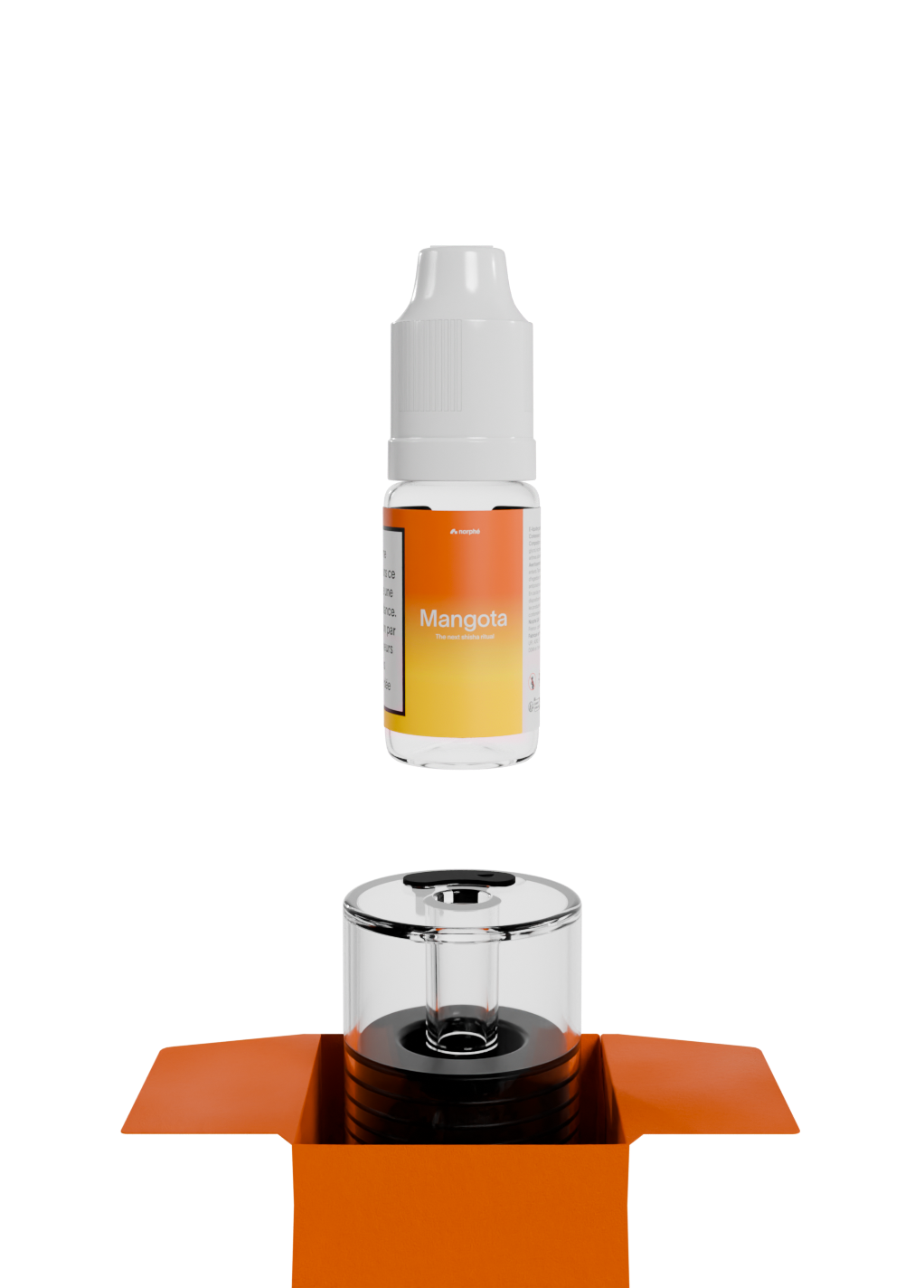 Mangota refill bottle above an empty Norphé pod in its open box