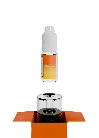 Mangota refill bottle above an empty Norphé pod in its open box