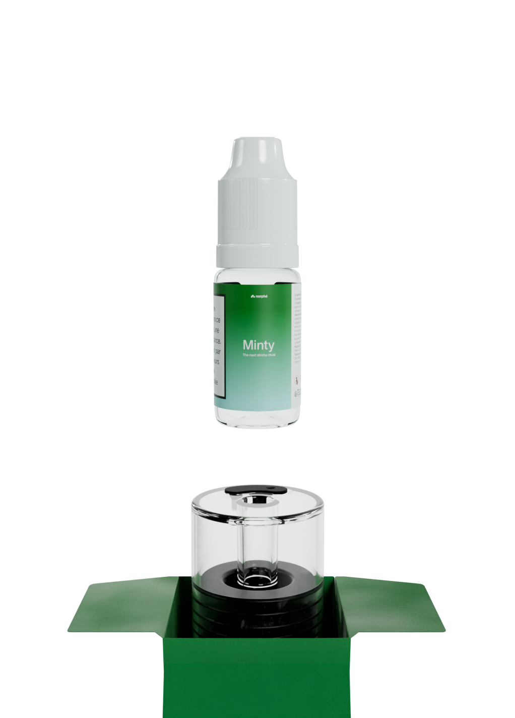 Minty refill bottle above an empty Norphé pod in its open box