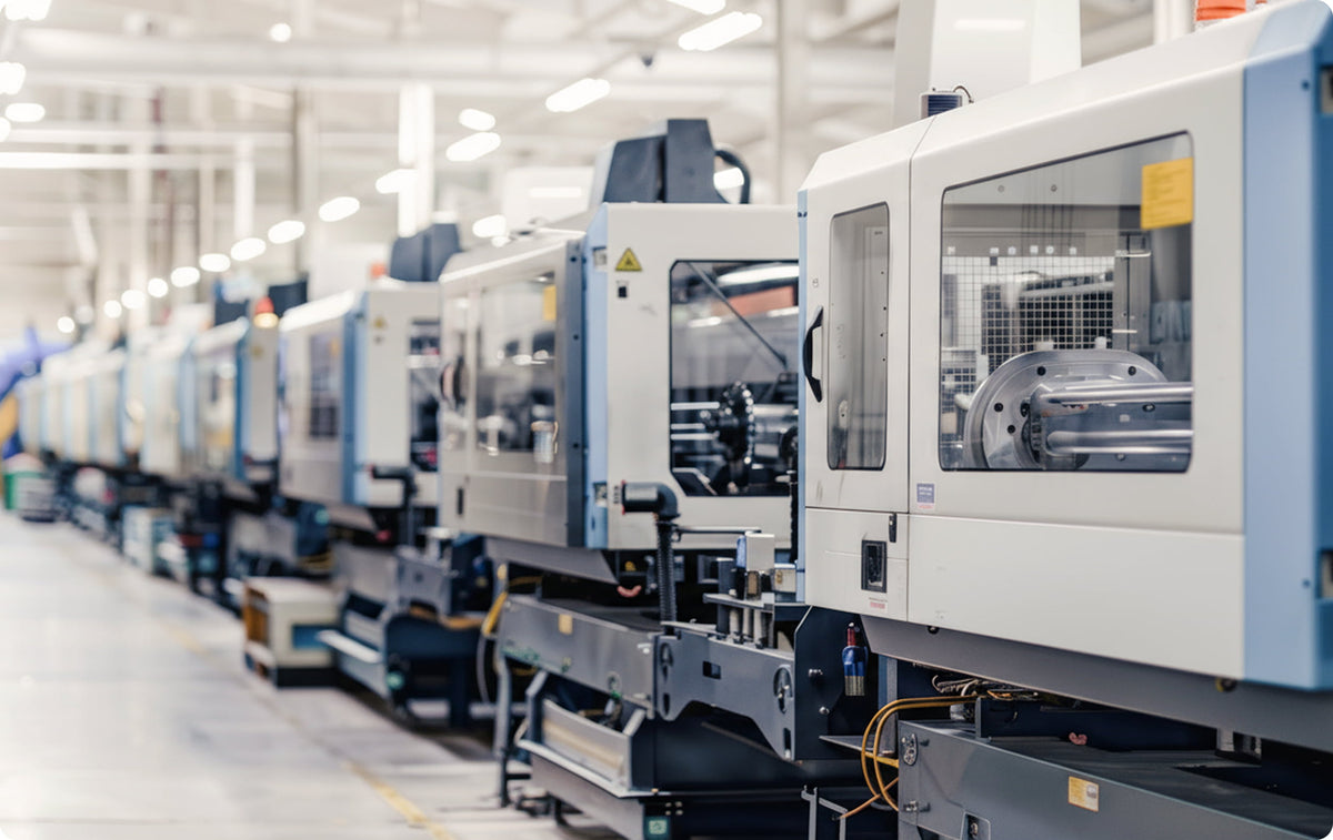 Row of injection molding machines in a production plant